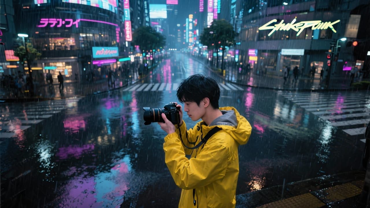 Kenji standing in the rain at a neon-lit Tokyo crossing