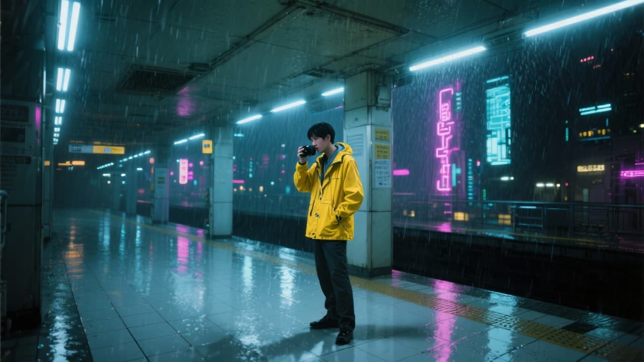 Kenji waiting alone on a sterile, empty subway platform