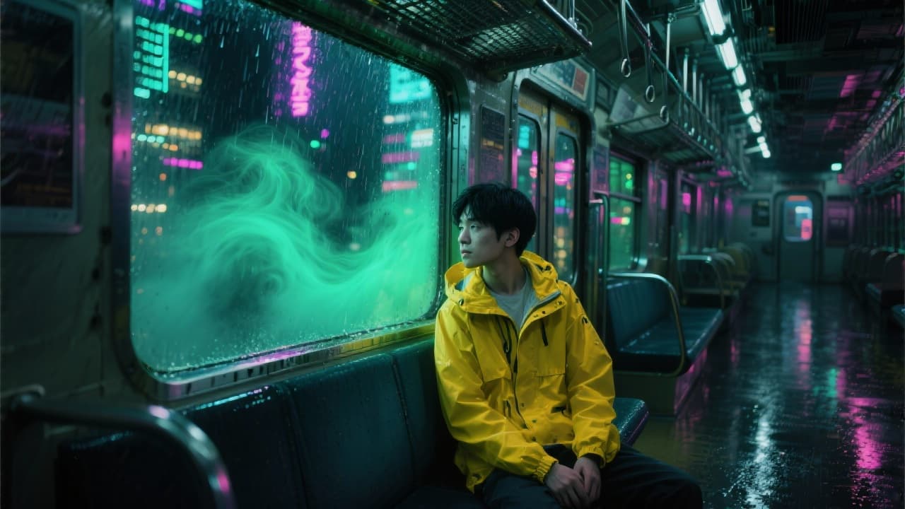 Kenji inside the train looking at green mist outside the window