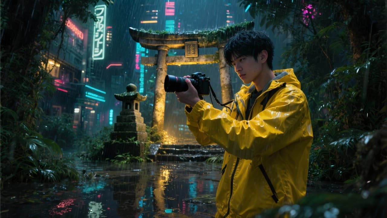 Kenji photographing a glowing ancient shrine in the underground jungle