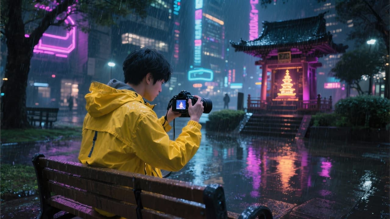 Kenji sitting on a park bench in the morning sun, checking his camera