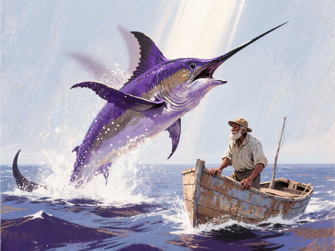 A marlin leaping in front of the old man's skiff