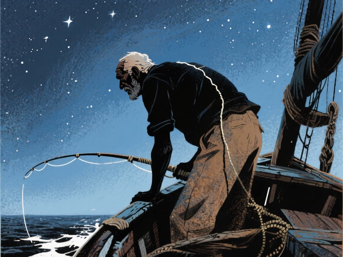 The old man in his boat holding the line against the starry night