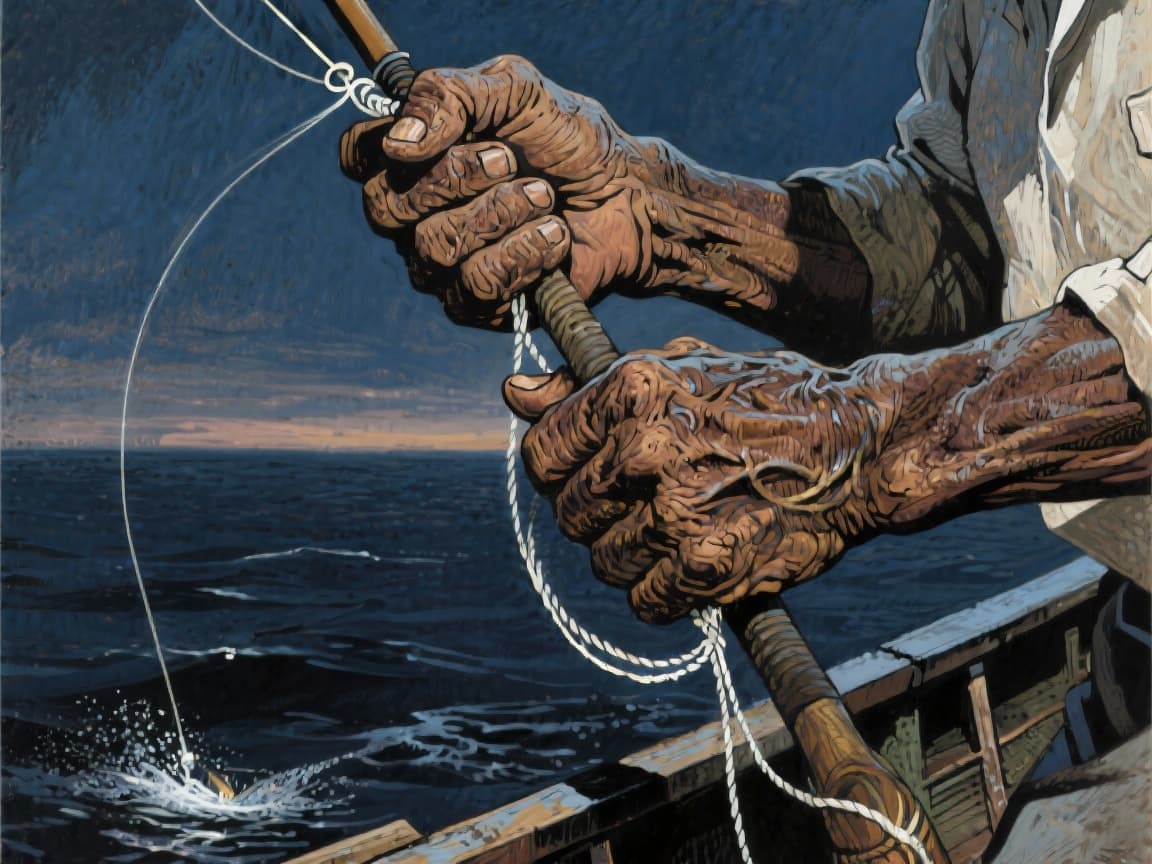 Close up of scarred hands holding a fishing line
