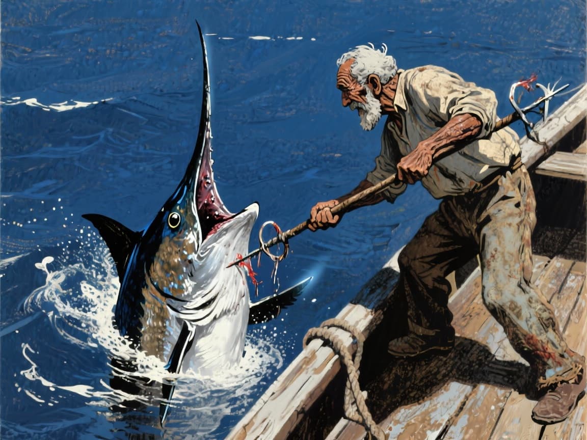 The old man harpooning the giant fish