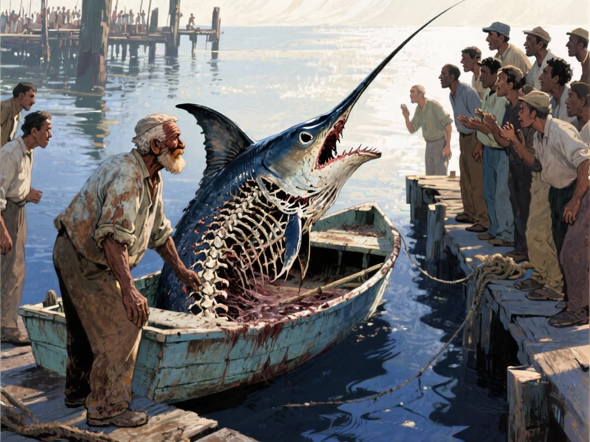 The skeleton of the giant fish tied to the boat